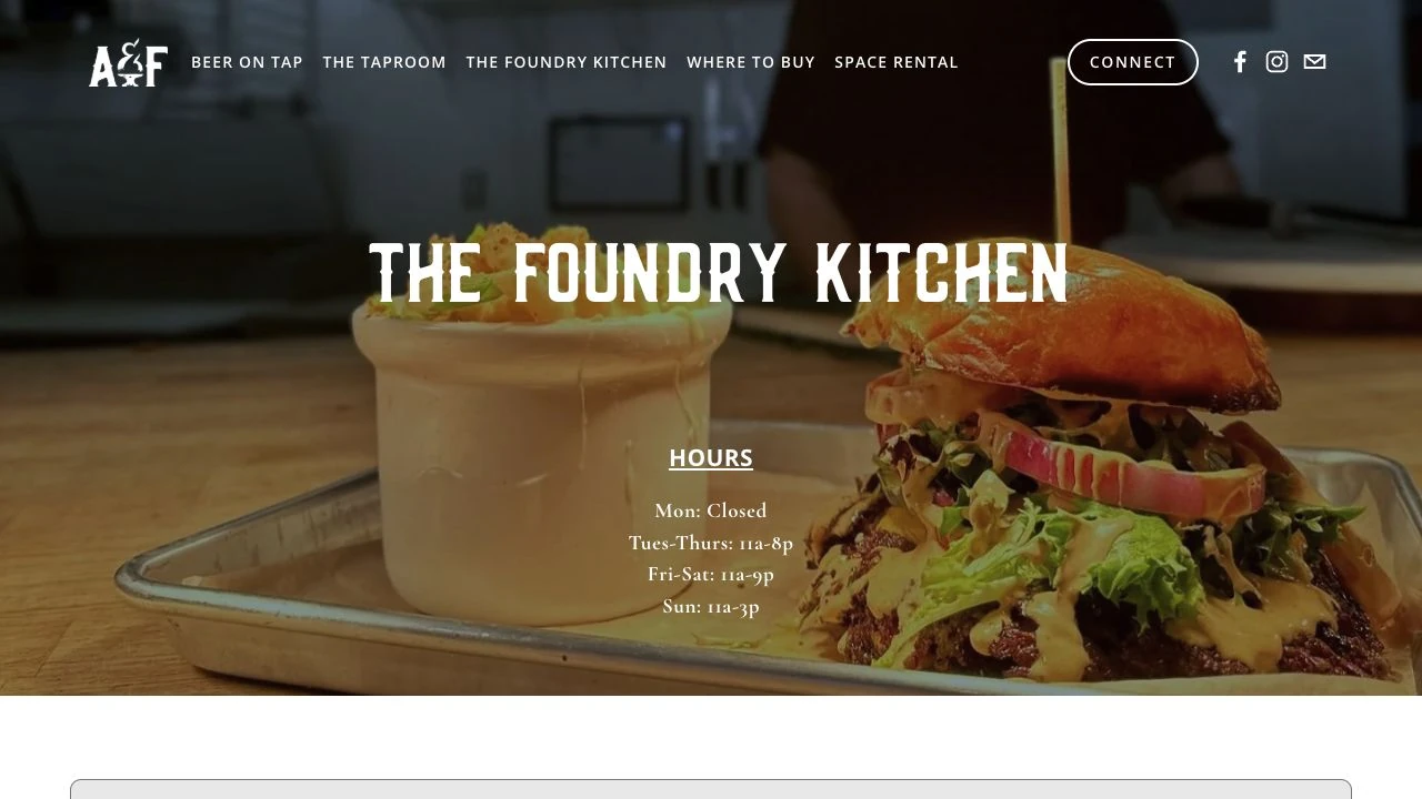The live Foundry Kitchen website hero with food photography, the kitchen name, and opening hours