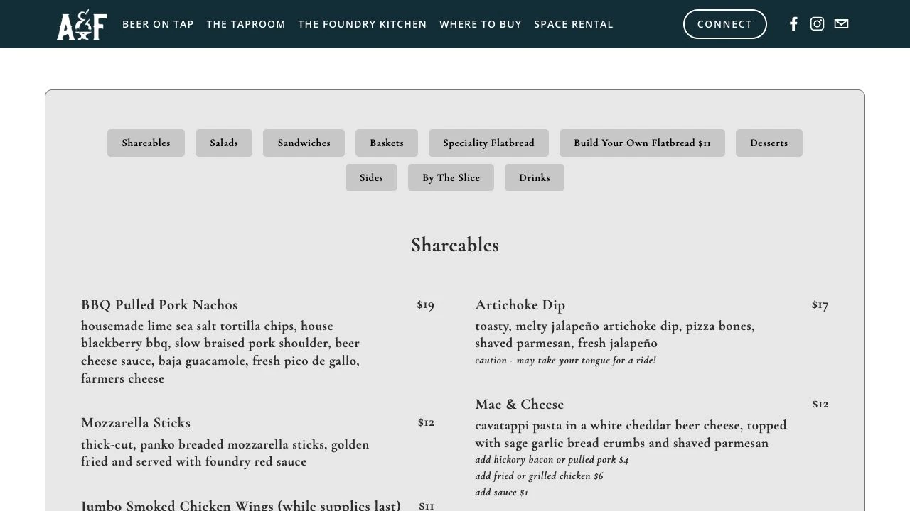 The Foundry Kitchen website menu with category navigation, dishes, descriptions, and prices