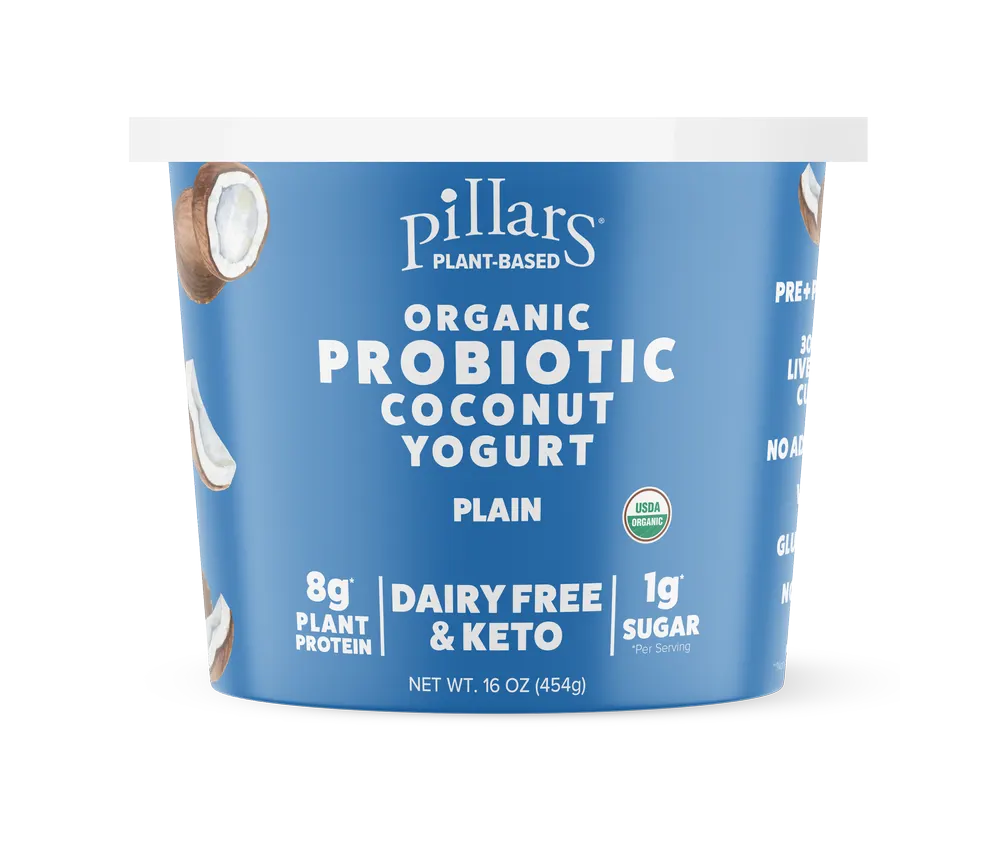 Pillars plant-based Plain / Pillars Blue yogurt cup packaging