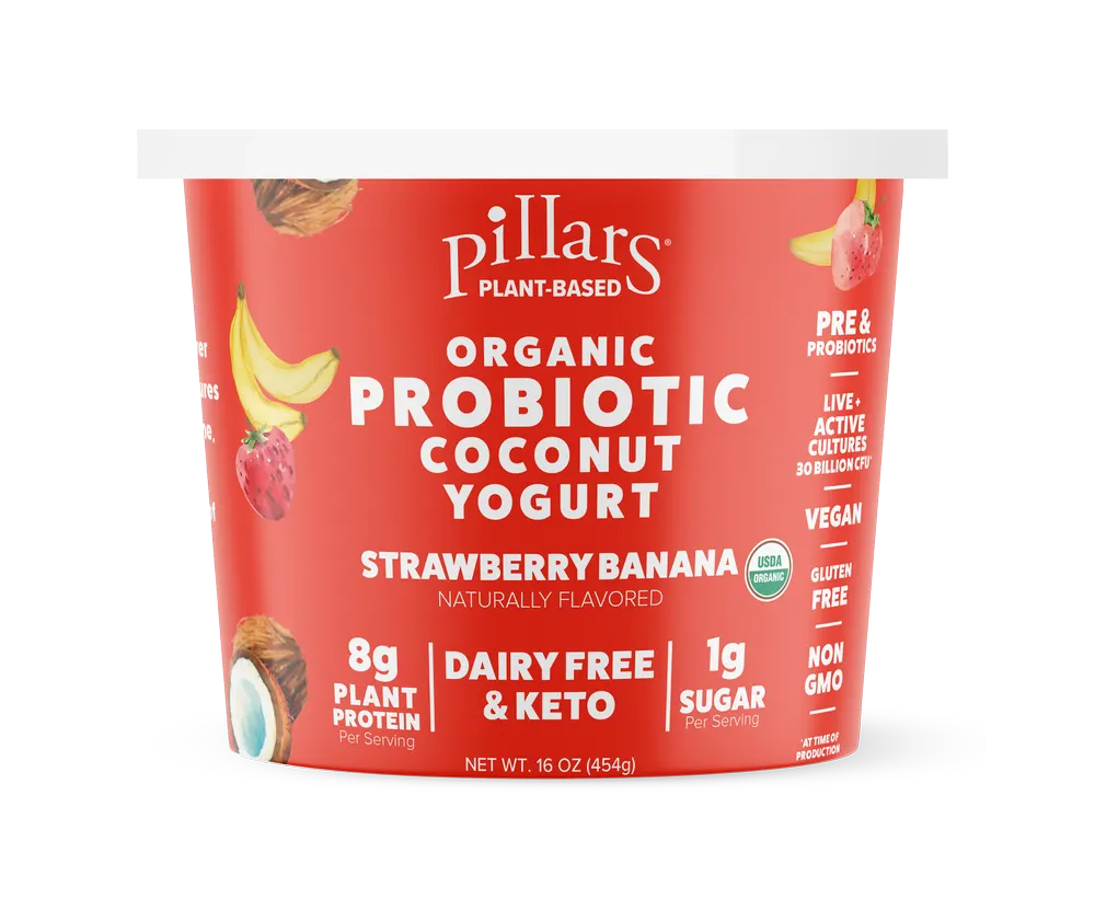 Pillars plant-based Strawberry Banana yogurt cup packaging