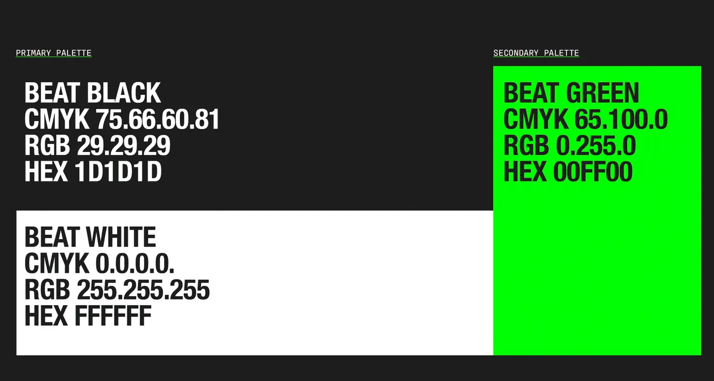 BEAT brand palette showing black, white, and vivid green