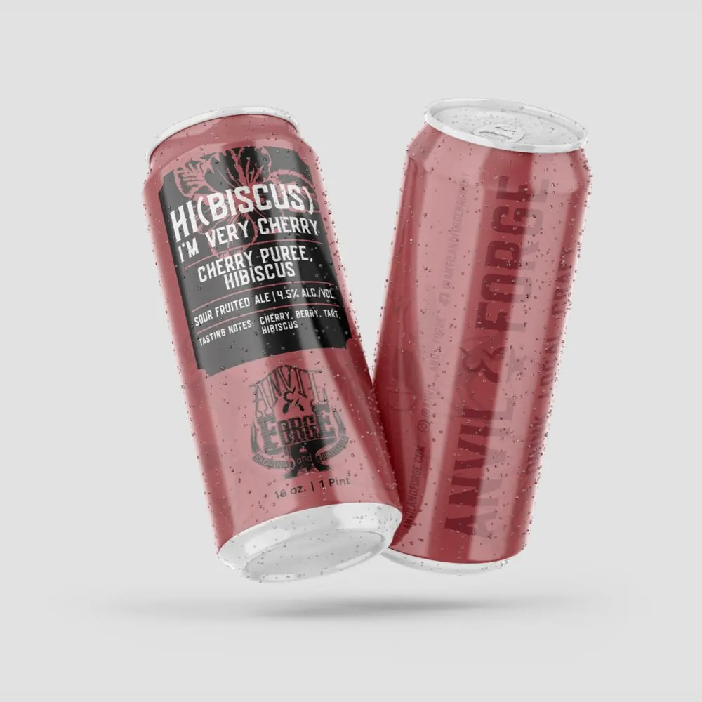 Two Hibiscus, I’m Very Cherry craft beer cans with pink Anvil & Forge packaging