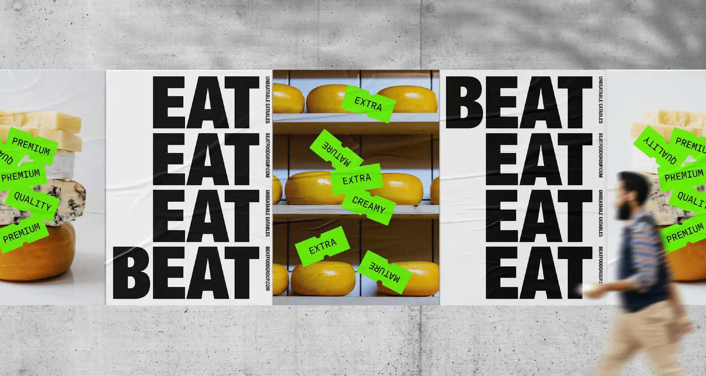 BEAT campaign wall with bold black typography, food photography, and bright green graphics