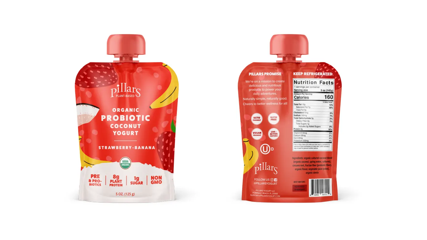 Front and back of Pillars strawberry banana bottle design
