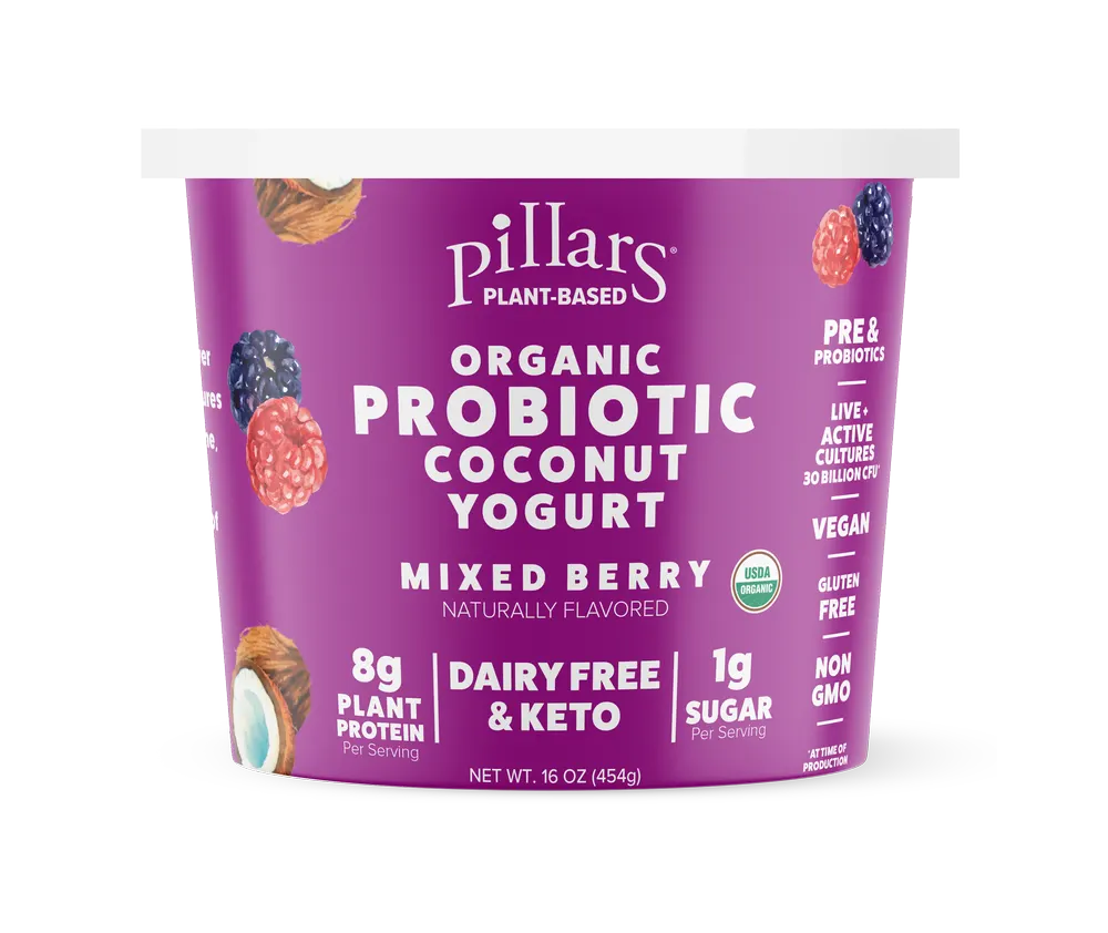 Pillars plant-based Mixed Berry yogurt cup packaging