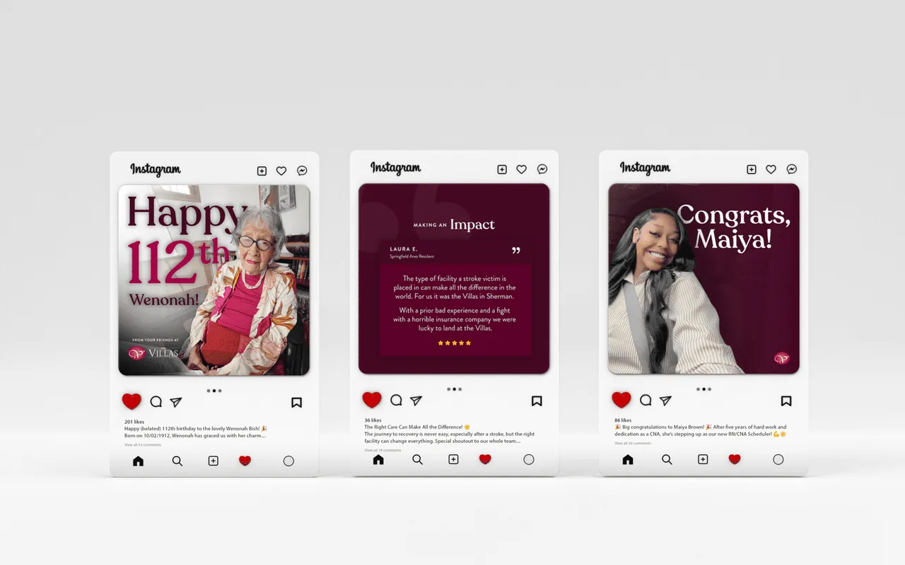 Three original social media designs for The Villas: a birthday celebration, community information, and employee recognition