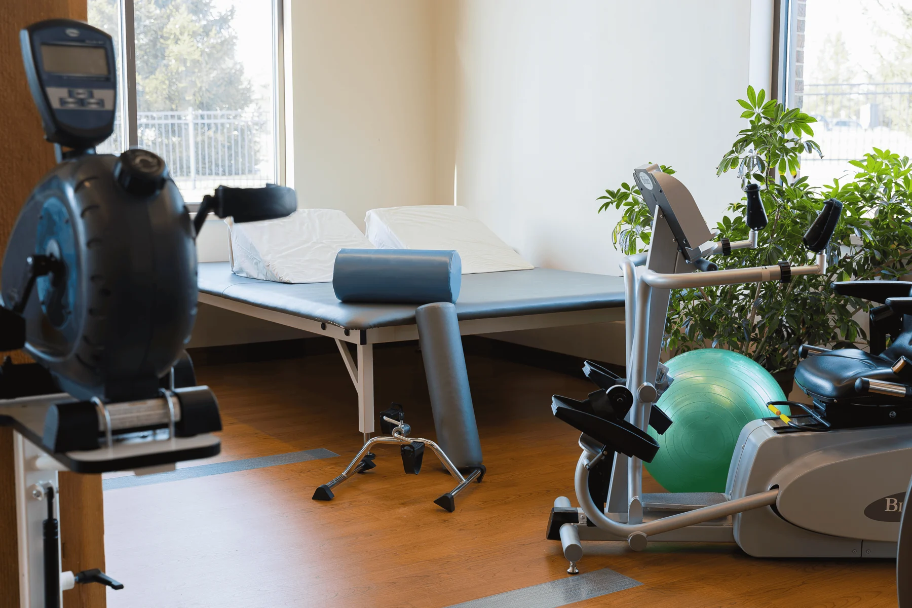 Therapy equipment in a sunlit rehabilitation room